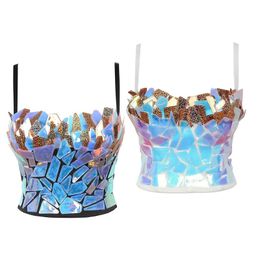 Camis Women Holographic Rainbow Sequins Bustier Bra Sexy Spaghetti Strap Push Up Corset Camisole Shiny Glitter Colourful Rave Top