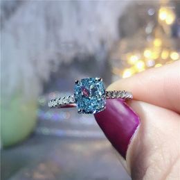 Cluster Rings Luxury Female Natural Aquamarine Stone Ring Real 925 Sterling Silver Engagement Crystal Solitaire Wedding For Women