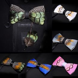 Neck Ties JEMYGINS original solid Colour feather bow tie brooch set Man Wedding Gift Fashion Handmade Leather Bow Pin Box Set 230512