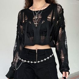 Women's Blouses HOUZHOU Gothic Black Mesh Knitted Shirts Women Sexy Hollow Out Transparent Crop Top Korean Fashion Loose Goth Y2k Blouse
