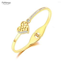 Bangle FlyMango Romantic Love Heart Charm Cuff Bangles For Women 18K Gold Plated CZ Crystal Stainless Steel Wedding Bracelet FB22070