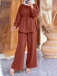 Dress 2023 ZANZEA Women Autumn Blouses Trousers Suits Fashion Muslim Sets Solid Islamic Clothing 2PCS Abaya Hijab Tracksuit Outifits