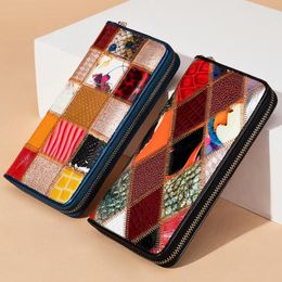 Card Holders Women Long Purse Vintage Holder Multi-card Genuine Leather Clutch Mobile Phone Bag Color Stitching Coin