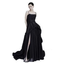 Black Spaghetti Front-slit Taffeta Pageant Dresses Court Train Sexy Special Occasion Dresses