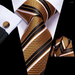 Bow Ties Gold Black Striped 2023 Elegant Men Tie Hanky Cufflink Silk Necktie For Wedding Party Business Fashion Brand Hi-Tie