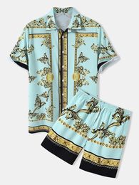 Men's Tracksuits Mens Luxury Baroque Print Short Sleeve Drawstring Two Piece Outfits Beachwear Men Hawaiian Shirts and Shorts 230511