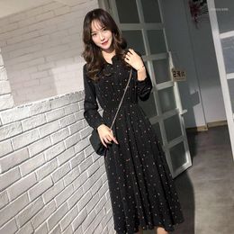 Casual Dresses Black Chiffon Summer Dress Style Floral Round Neck Slim Loose Waist Spring Polka Dot Long-sleeved Streetwear