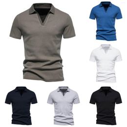 Men's Polos Summer Business Casual Men's Polo Shirt Lapel Deep V Neck Solid Colour Pullover Breathable T-shirt Cotton Tops