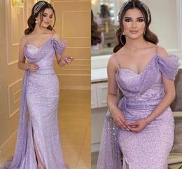 Saudi Arabia Lilac Mermaid Prom Party Dress One Shoulder Pleats Side Slit Sequined Long Women Evening Formal Gowns Robe De Soiree Customed
