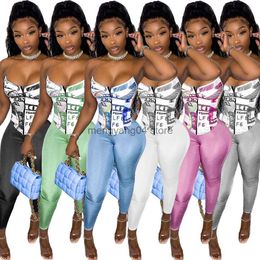 Women's Two Piece Pants Vintage Dollar Print Corset 2 Piece Summer Sexy Off the Shoulder Irregular Corset Top Pant Suits Night Club Two Piece Set Outfit T230512