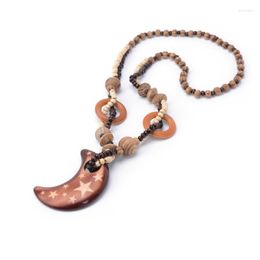 Pendant Necklaces Hand Carved Exotic Full Stars Printing Half Moon Woody Beaded Necklace Fashion Jewellery For Women Birthday Present