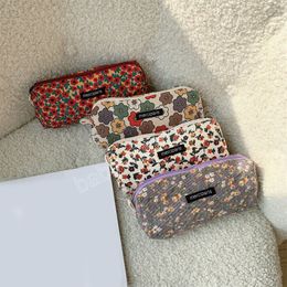 Korean Makeup Bag Organizer Floral Cosmetic Pouch Female Corduroy Fabric Zipper Toiletry Bag Necesserie Pen Storage Beauty Case