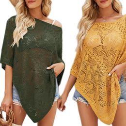 Women's T Shirts Swimsuit Cover Up For Women O-Neck Hollow Out Swim Coverup Crochet Tops Summer 10CD