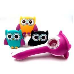 Creative Tobacco Pipe Owl Silicone Smoking Pipe with Glass Bowl UnbreakableHand Spoon Herb Pipes for Smoking