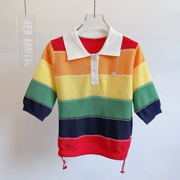 509 XL 2023 Runway Summer Brand SAme Style Sweater Short Sleeve Pullover Lapel Neck Striped Fashion Clothes High Quality Womens YL