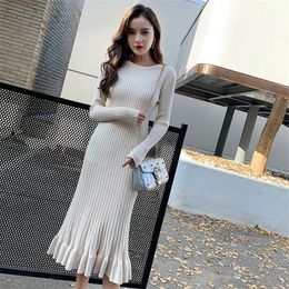 Casual Dresses Autumn Winter Long Sleeve Knitted Underwear Dress Women Ruffle Hem Elegant Sweater Ladies Slim Sheath Bodycon