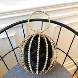 Shoulder Bags Rhinestone Spherical Cage Evening Clutch Bag Women Hollow Out Bling Alloy Dinner Purse and Handbag Ladies Round Metal Handle New 230426