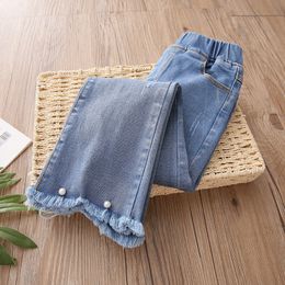 Jeans Spring Autumn Casual 3 4-12 Years Children Elastic Long Pants Washed Tassel Wide Leg Flared Denim Jeans For Baby Kids Girls 230512