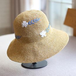 Wide Brim Hats Women Handmade Summer Sun Hat Flower Embroidery Large Eaves Beach Straw Nature Cap Temperament Flat Collapsible