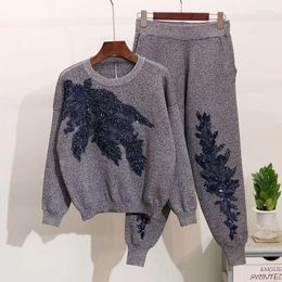 Women's Two Piece Pants Women Long Sleeve Set Sequin Tracksuit Knitted Suit Stretch Sweater Luxury 2 Outfits Jumper Winter Trendy