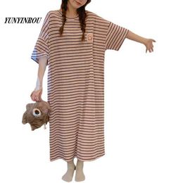 Women's Sleepwear Summer Knitted Jacquard Girls Pink Striped Sleep Dress Womens Nightgowns Nighttie Sleepshirts Ladies Dresses Home Fashion P230511