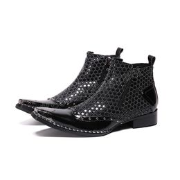 British Style Zipper Dress Shoes Elegant Pointed Toe Black Short Boots Fashion Real Leather Men Motorcycle Boots