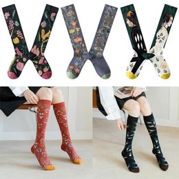 Women Socks Women's High Tube Calf Knee-length Retro Illustration Art Abstract Street Autumn And Winter Cotton Sock