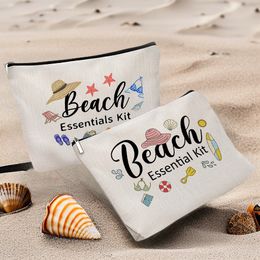 Summer Themed Flat Lay Beach Makeup Bag Waterproof Printed Cotton Linen Zipper Cosmetic Bag Cosmetics and Toiletries Storage