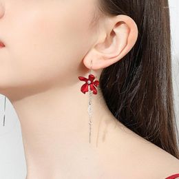 Dangle Earrings Chinese Style Leaf Tassel S925 Silver Needle Red Petals Curved Hook Ear Line Year Fashion Flower Accessories