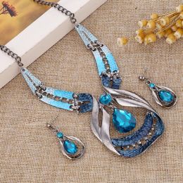 Necklace Earrings Set Austrian Crystal Fashion Blue Choker Collar Dangle Earring Jewellery Silver Plated Bridal Wedding Jewelry