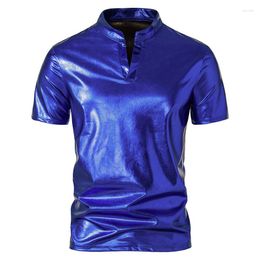 Men's T Shirts Shiny Royal Blue Metallic Shirt Men Short Sleeve 70s Disco Dance Stage Streetwear T-shirts Nightclub Party Tee Homme XXL