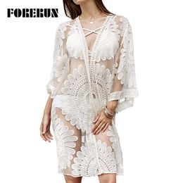 Swimwear FORERUN Floral Embroidery Beach Blouses Women Transparent White Lace Kimono Cardigan summer Sex Sunscreen Bohemian Blusa