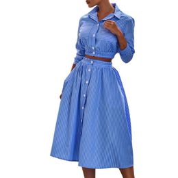 Two Piece Dress Women Dress Set Blouse Skirt Two Piece Suit Striped Print Single-breasted 3/4 Sleeve Lapel Crop Top Skirt Outfits Set 230512