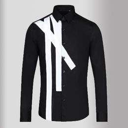 New Patch Splicing Mens Shirts High Quality Long Sleeve Black White Casual Mens Dress Shirts Slim Fit Party Male Shirts 3XL