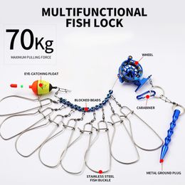 Fishing Accessories Lock Buckle With Reel Stainless Steel Lanyard Live Fish Belt Tackle Stringer Floats 230512