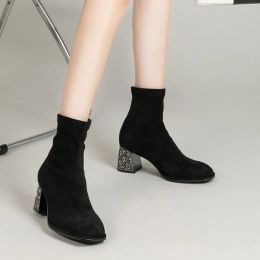 Round head block heels booties Slip on Fashion Martin Boot Stretch-suede ankle boots luxury designers shoe heeled for women factory footwear