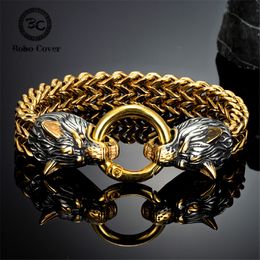 Chain Punk Norse Viking Wolf Head Bracelets Gold Color Stainless Steel Mesh Bangle Antique Black Amulet Male Jewelry Accessories 230511