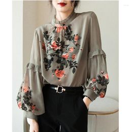 Women's Blouses 2023 Spring Heavy Silk Stand Collar Vintage Printed Top Lantern Sleeve Shirt Puff Blusones De Mujer