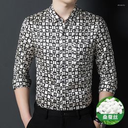 Men's Casual Shirts 3D Print High-End For Men Silk Office Blouse Long Sleeve Spring Quality Smooth Comfortable Gentleman Camisa Masculina