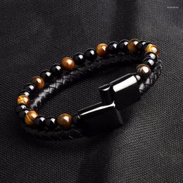 Charm Bracelets Tiger Eye Stone Genuine Leather Braided Black Stainless Steel Magnetic Clasp Evil EyeBead Bangle Men Jewelry