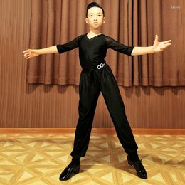 Stage Wear Boys Latin Dance Clothes Black Suit V-neck Tops Trousers Ballroom Tango Practice/Competition Costume Shirt Pant L4374