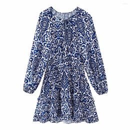 Casual Dresses Woman Navy Blue Print Short Dress 2023 Spring Female Cascading Ruffles Mini Ladies Loose Elastic Waist