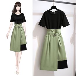 Two Piece Dress Simple Fashion Solid Colour Suits Black Mid-length Cotton T-shirt Dresses and Fower bud Split irregular Skirt Two-piece Set women 230512