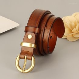 Belts Cowhide Belt Women's Copper Buckle Pure Round Needle Retro Handmade Genuine