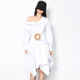 Casual Dresses High Street Spring Summer Fashion 2023 Office Women Sexy Irregular Button Long Sleeve Solid Color Belt Elegant Cusual Dress