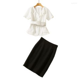 Work Dresses Elegant Women Business Office Lady Two Piece Skirt Set V-neck Short Sleeve White Top Black Mini Female Fashion