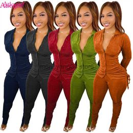 Women's Two Piece Pants Adogirl Cashmere Wool 2 Piece Set Drawstring Shirt Top Pleated Stacked Pants Tracksuit Size Women Casual Jogger Suit S-3XL T230512