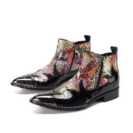 British Style Big Size Pointed Toe Shoes Elegant Pattern Zipper Short Boots Classic Male Real Leather Dress Boots