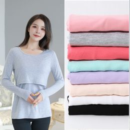 Maternity Tops Tees Autumn Long Sleeve O-neck Solid Colour Postpartum Women Cotton Nursing T-shirt Maternity Breastfeeding Top and Tees 7 Colours 230512