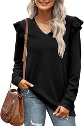 Maternity Tops Tees women's loose casual lotus leaf sleeve v-neck long sleeve t-shirt black 230512